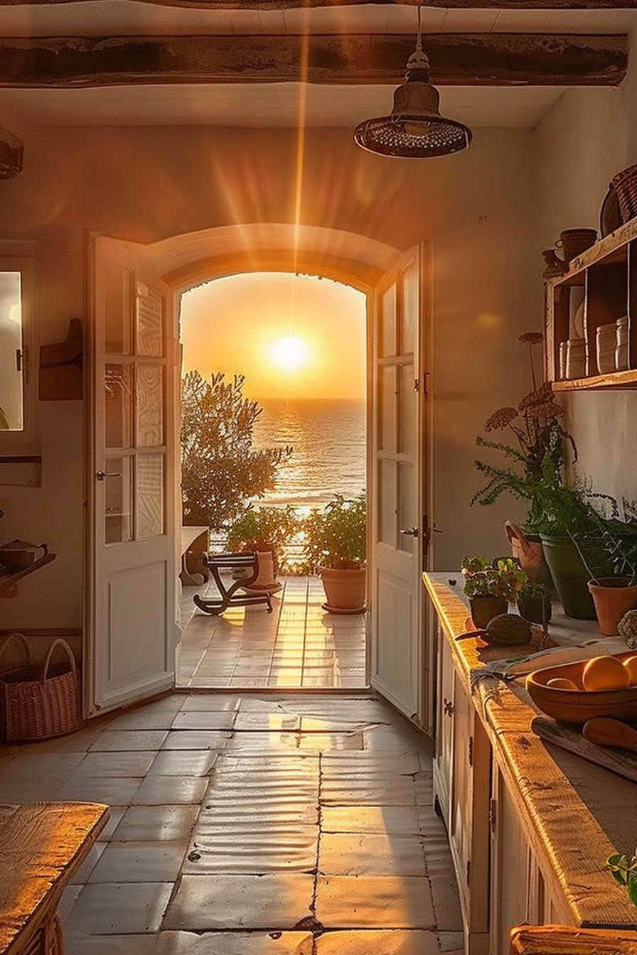 Open doorway revealing a sunset over the ocean with rays of light, leading to a terrace with plants and a rocking chair.