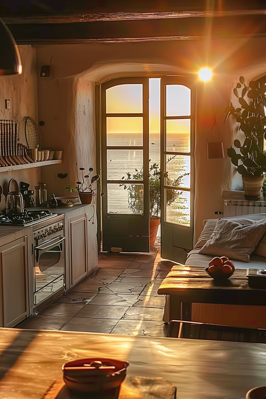 Cozy kitchen interior bathed in warm sunset light, with an open door framing a serene sea view.