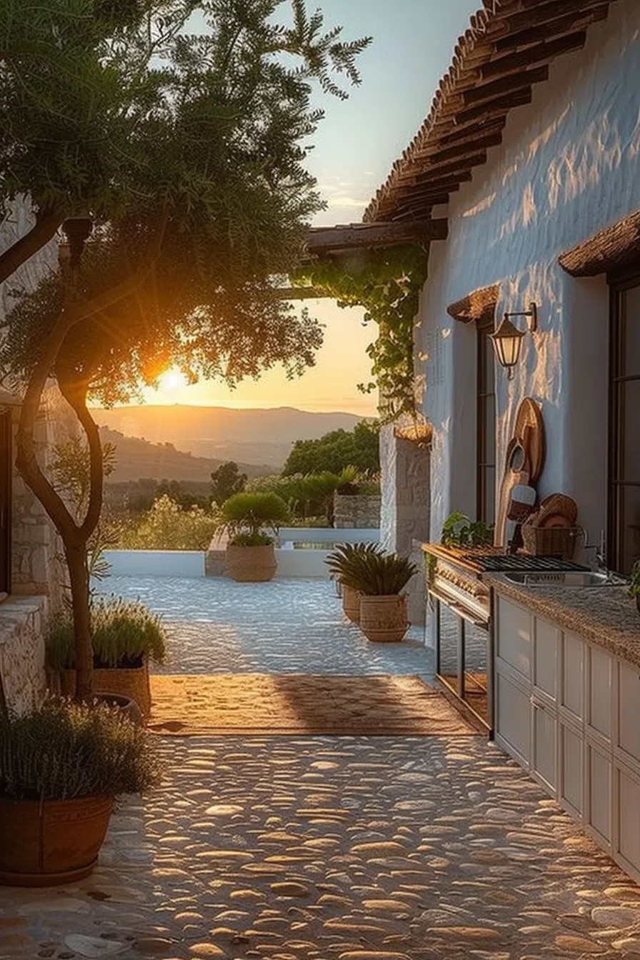 "A serene patio at sunset with plants in pots, cobblestone flooring, and a rustic outdoor kitchen overlooking a scenic view."