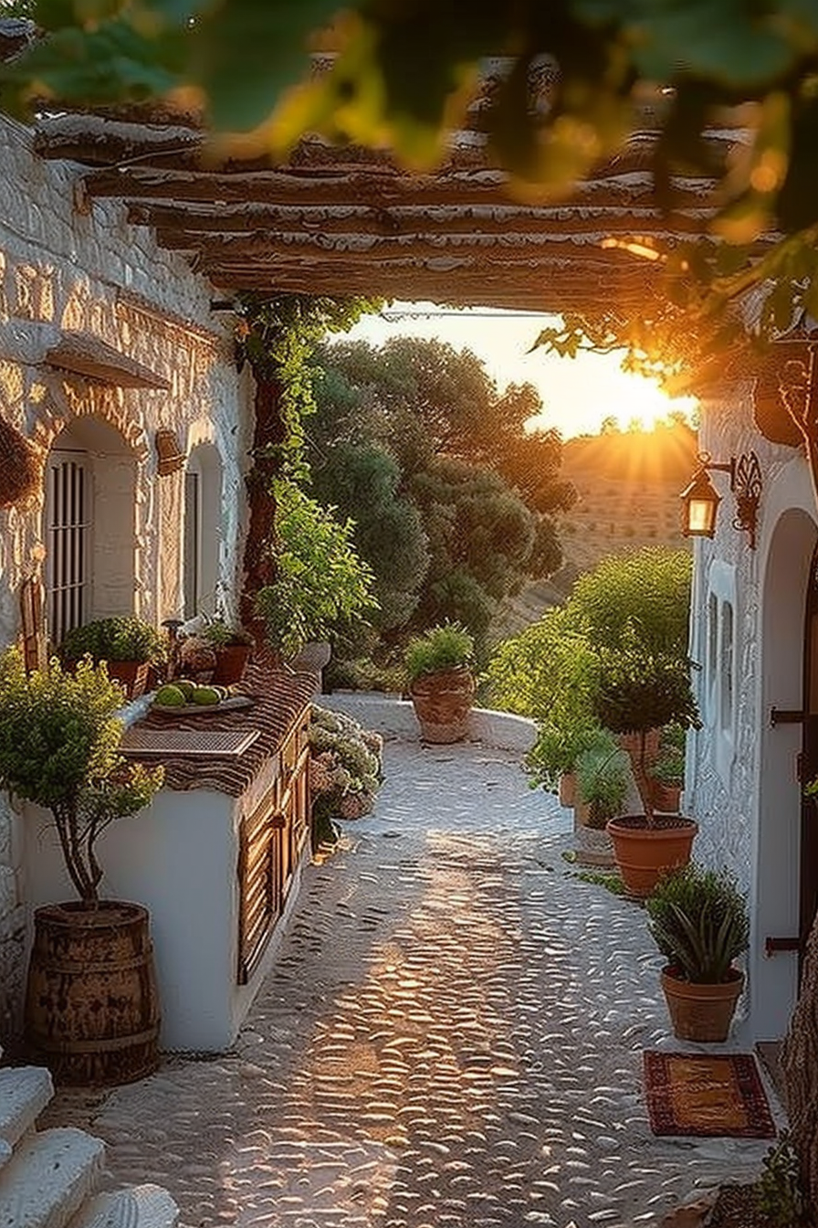 A cobblestone path leads through a quaint village with whitewashed walls, potted plants, and a warm sunset in the background.