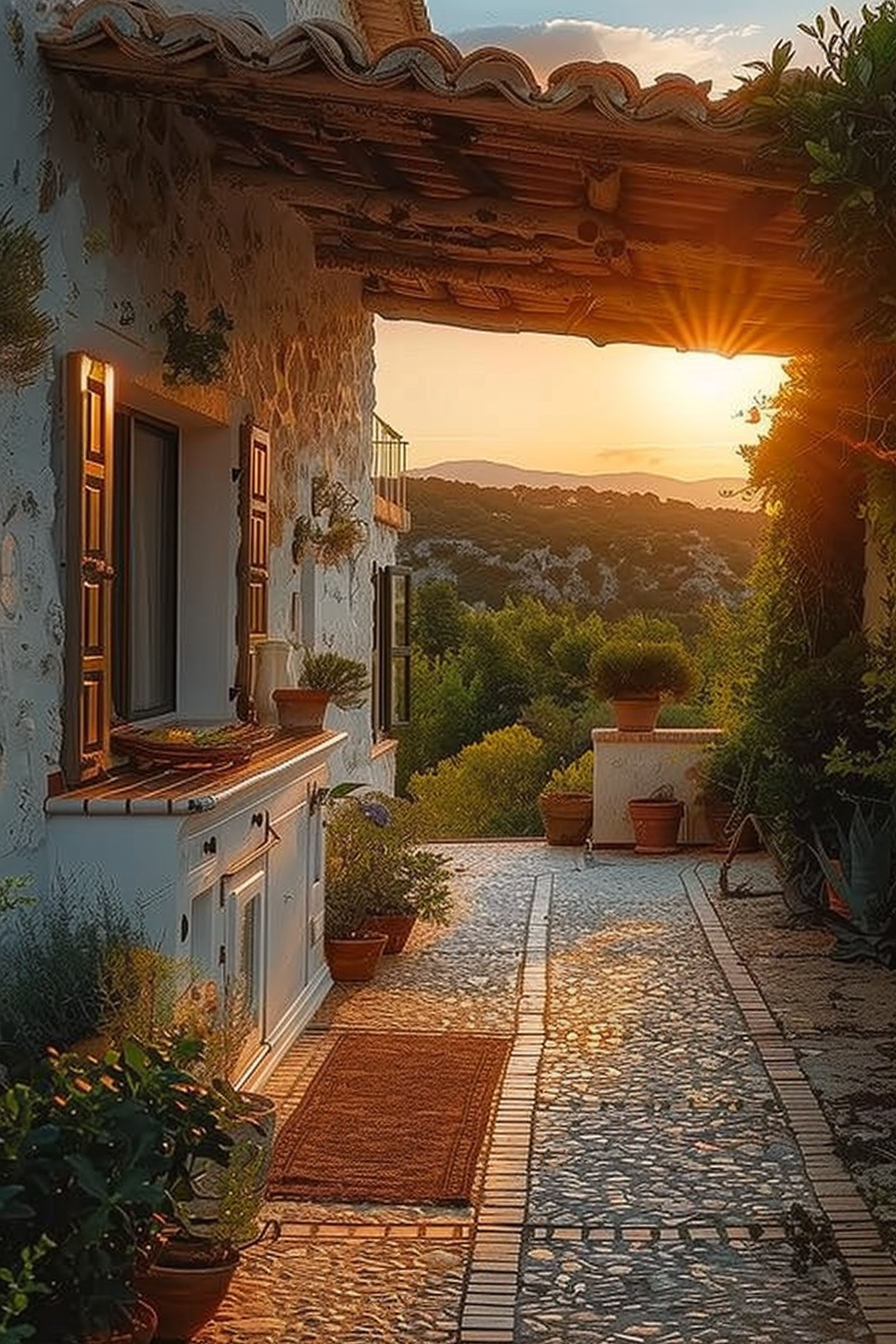 Sunset view over a pebbled pathway leading to an old white house with clay pots and plants, framed by greenery and warm light.