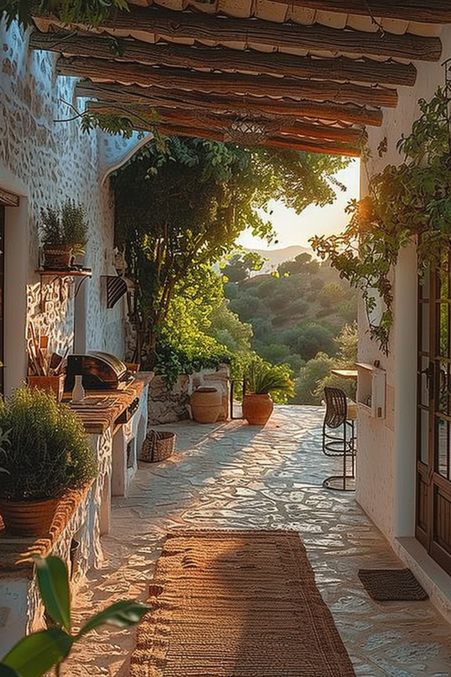 A serene outdoor patio with potted plants, a rustic stone oven, and a warm sunset view across the hills.