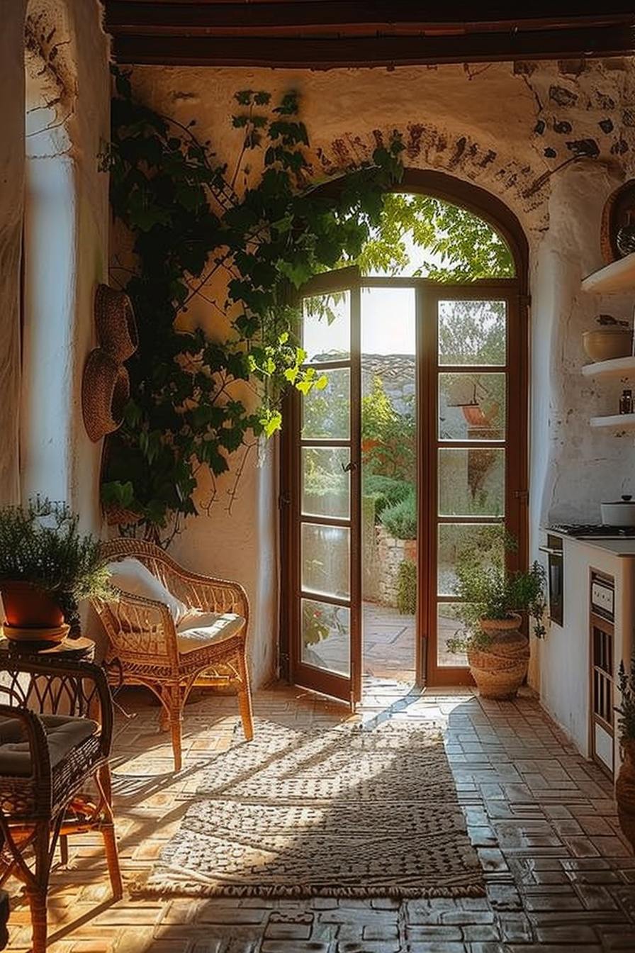 Cozy sunlit room with arched French doors leading to a patio, rattan chairs, greenery, and rustic decor elements.
