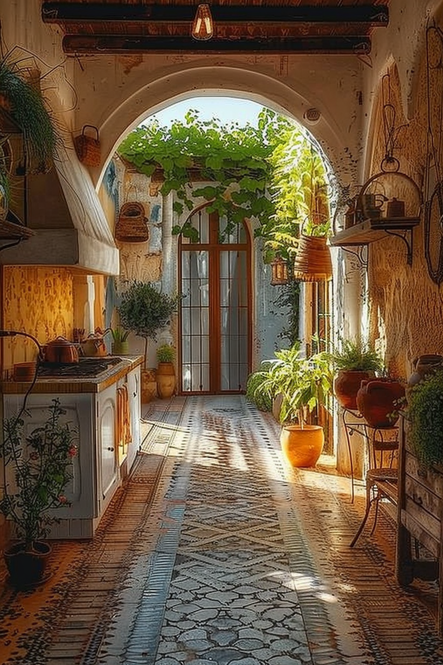 Sunny rustic kitchen corridor with arched doorway, hanging plants, pots, and warm lighting casting shadows on a patterned tile floor.