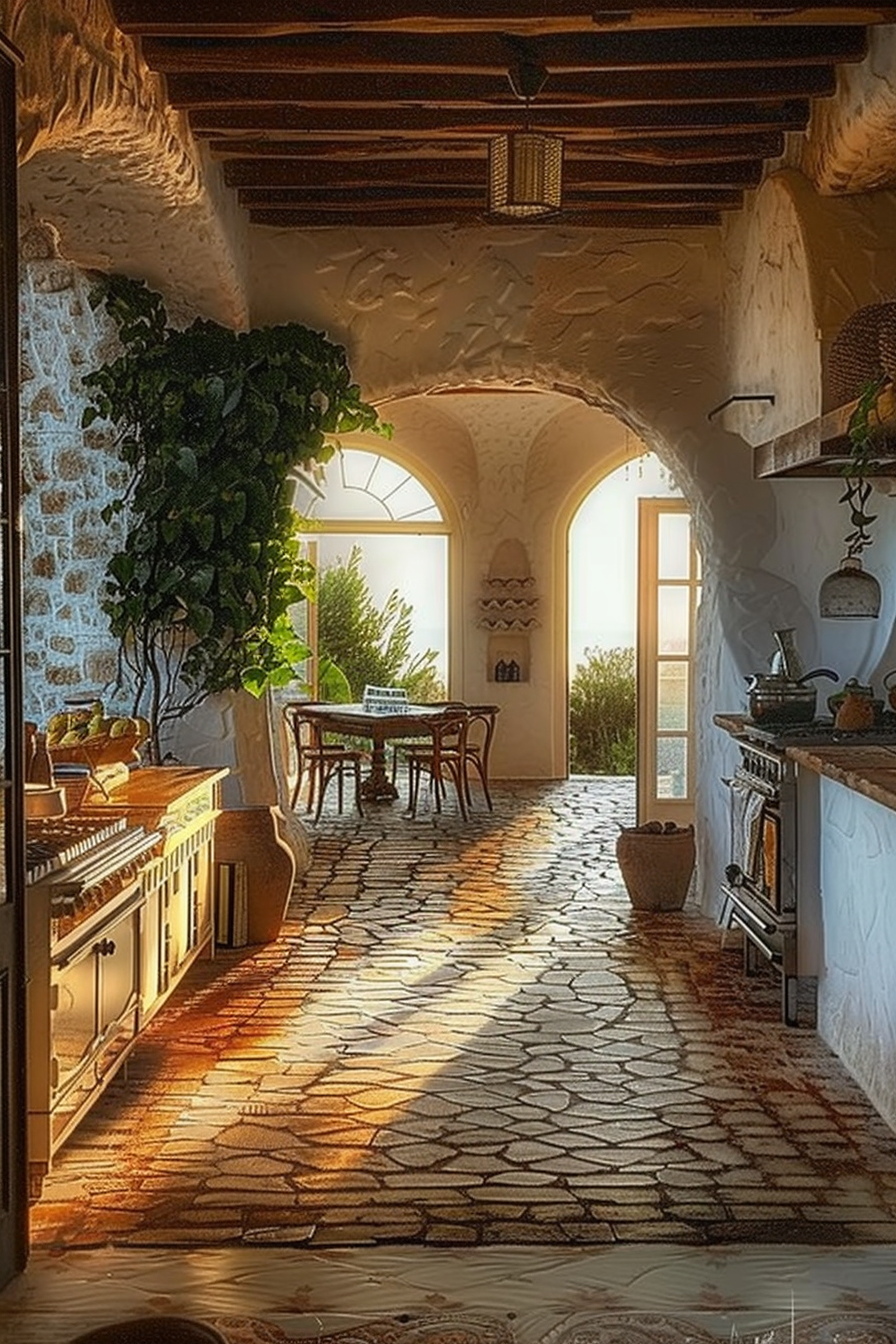 A cozy rustic kitchen with stone walls, a wood-beamed ceiling, and a cobblestone floor basked in warm sunlight.