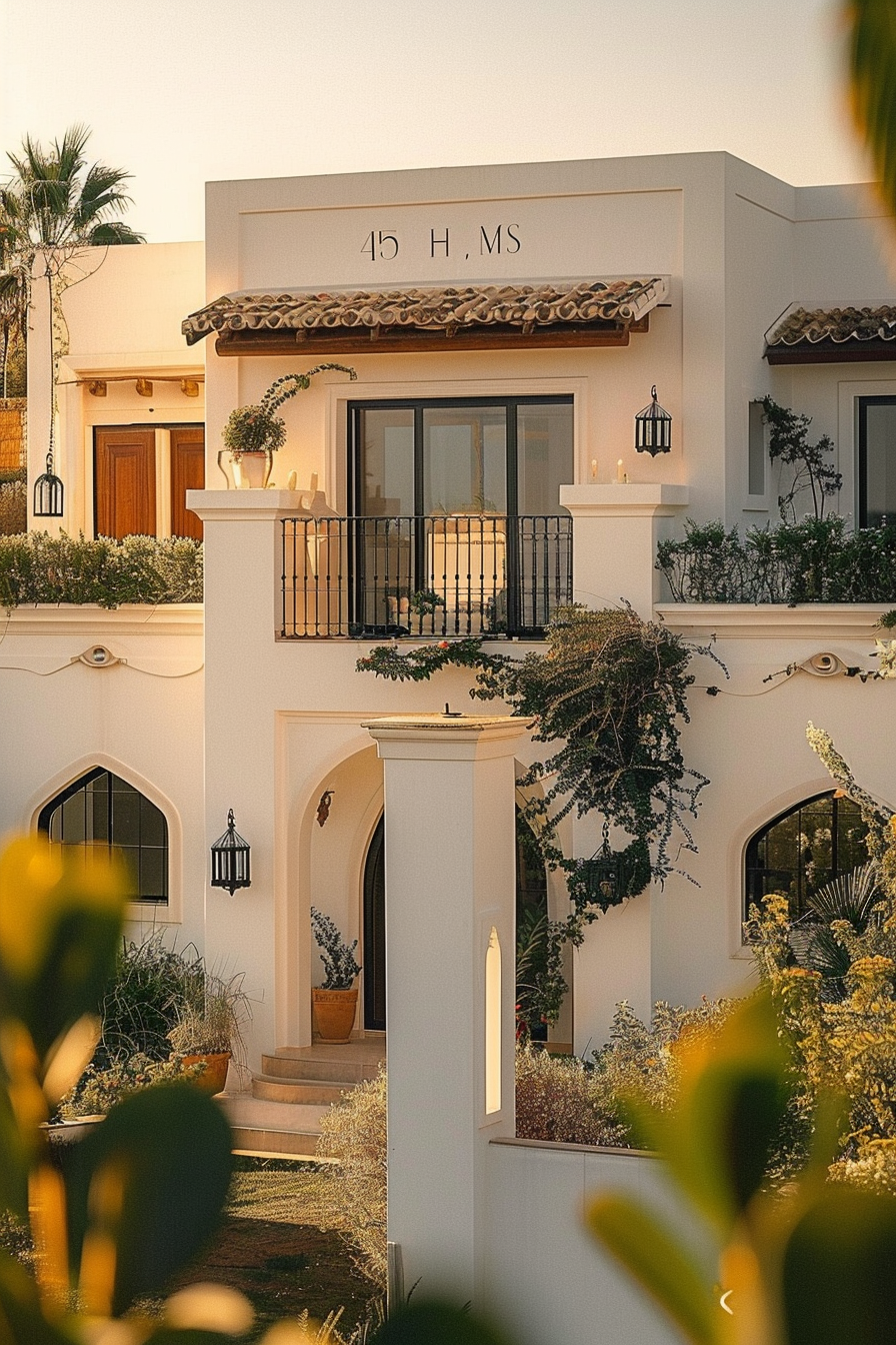 A warm, sunlit view of a charming two-story house with Mediterranean architecture, lush plants, and hanging lanterns.