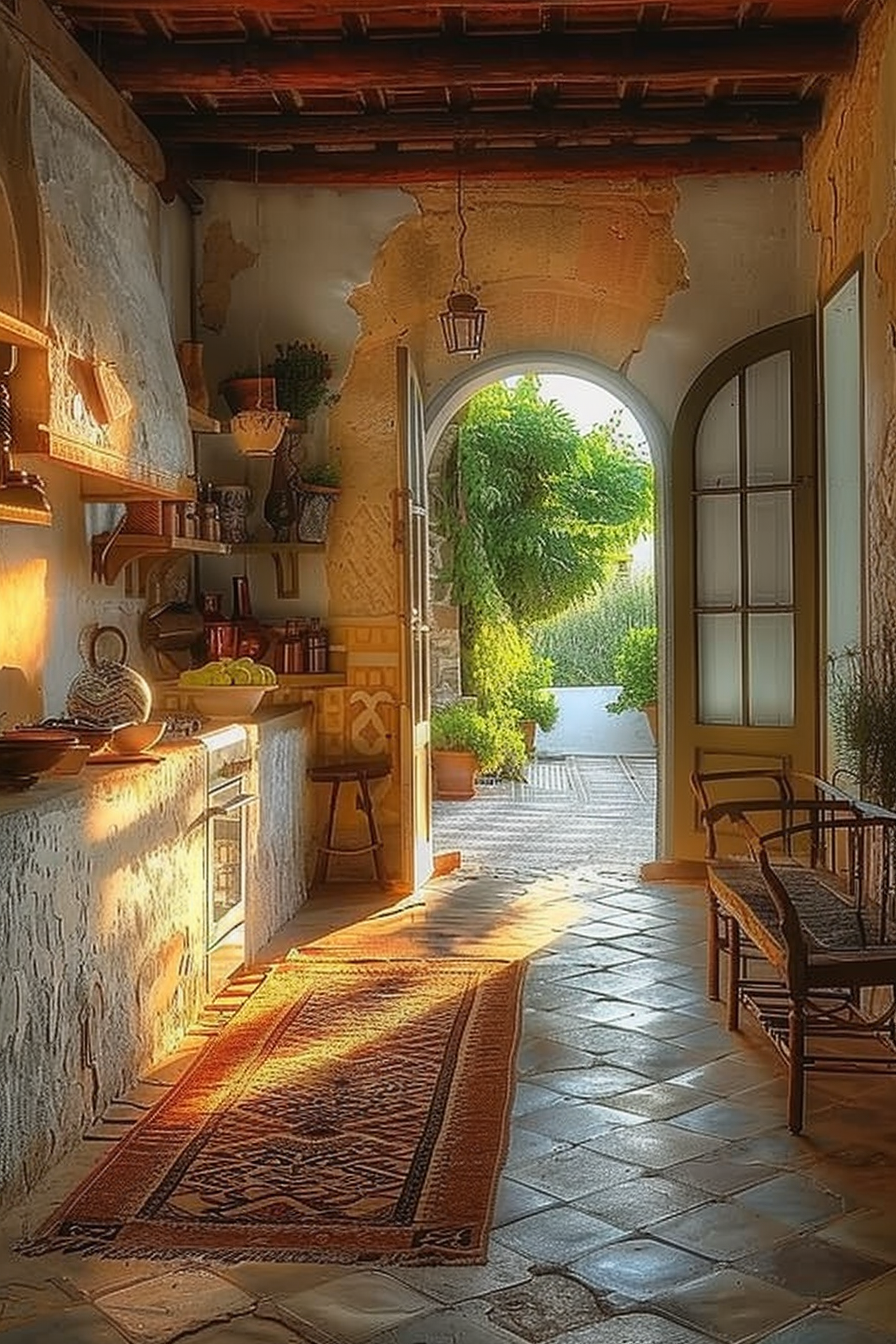 A warm, sunlit rustic hallway with an open door leading to a garden, showcasing shelves with pottery, a woven rug, and a wooden chair.