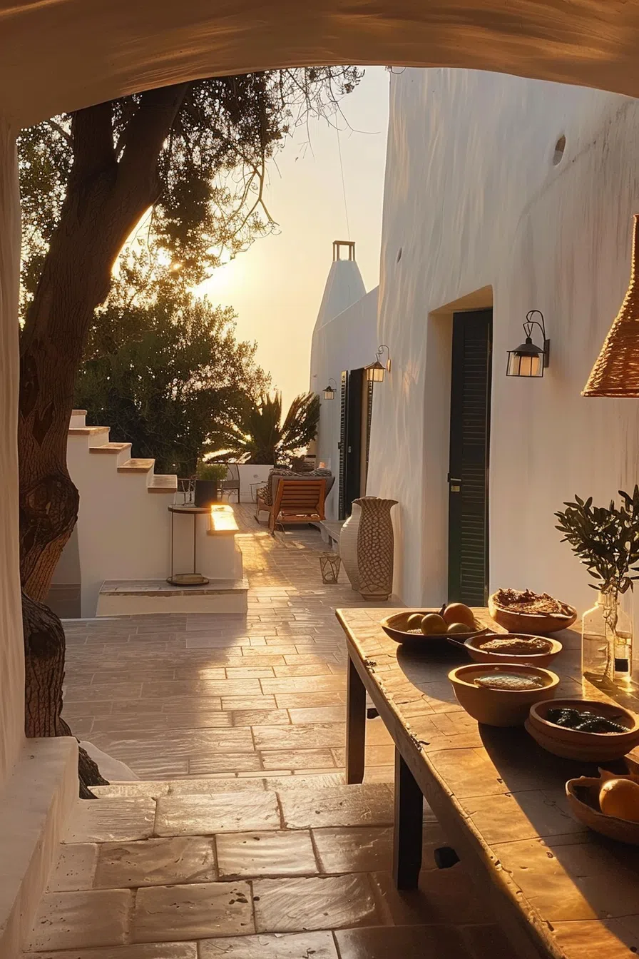Warm sunset light bathes a Mediterranean-style terrace with a tree, white walls, lanterns, and a table with bowls of fruit.
