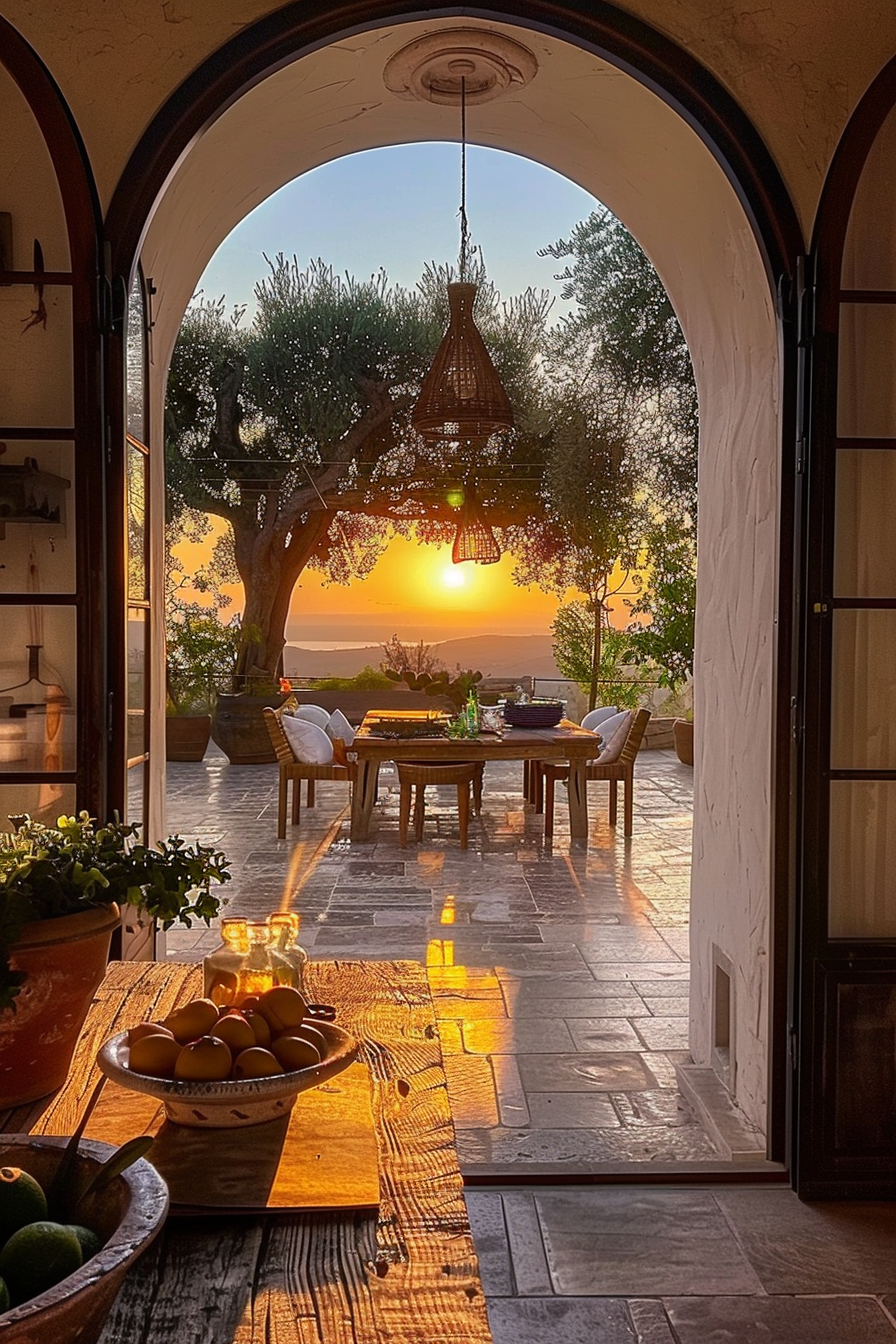Sunset view from an arched doorway, with a rustic outdoor dining area, wicker lamps, and an olive tree silhouette.