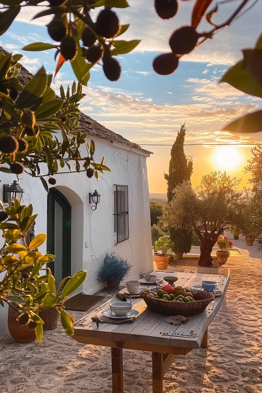 Rustic outdoor dining setup with a table of food, overlooking a scenic sunset near a traditional white-walled house with plants.