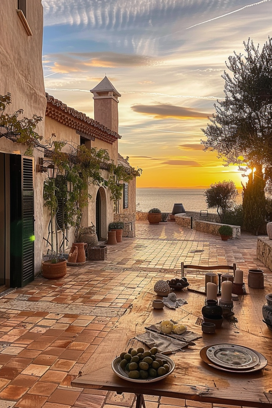 ALT: A tranquil terrace scene at sunset with a rustic table set, overlooking the sea, framed by an ivy-covered building and a tree.