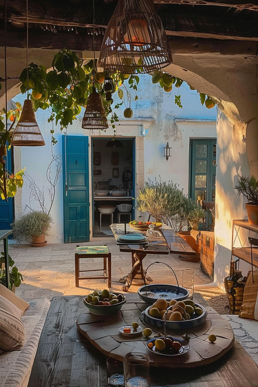 Rustic patio dining area with a laid table, wicker lampshades, and a blue door, bathed in warm sunlight.