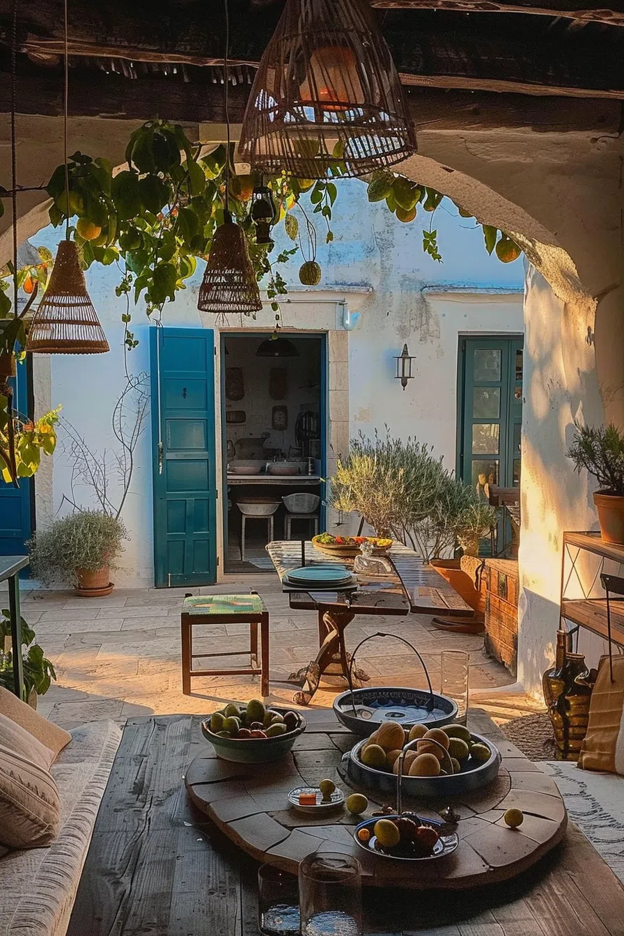 Rustic patio dining area with a laid table, wicker lampshades, and a blue door, bathed in warm sunlight.
