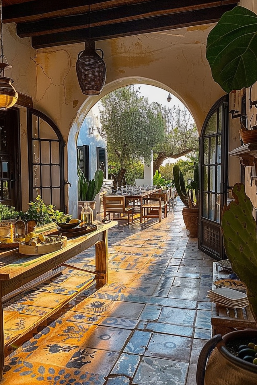 ALT: A warm, sunlit veranda with patterned tiles, archways, wooden tables, and potted plants, exuding a serene Mediterranean ambiance.