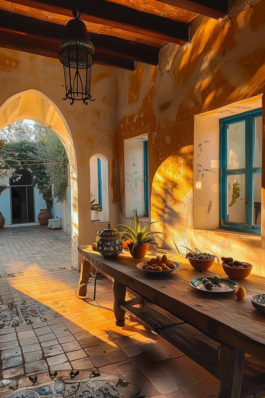 Warm sunlight bathes a rustic outdoor setting with a table holding fruit bowls, framed by archways and vintage blue shutters.