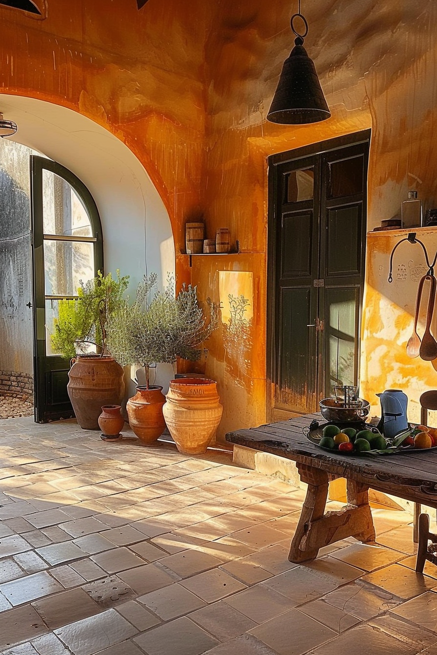 Rustic kitchen corner with sunlit terracotta walls, arch doorway, wooden table with fruit, and potted herbs.