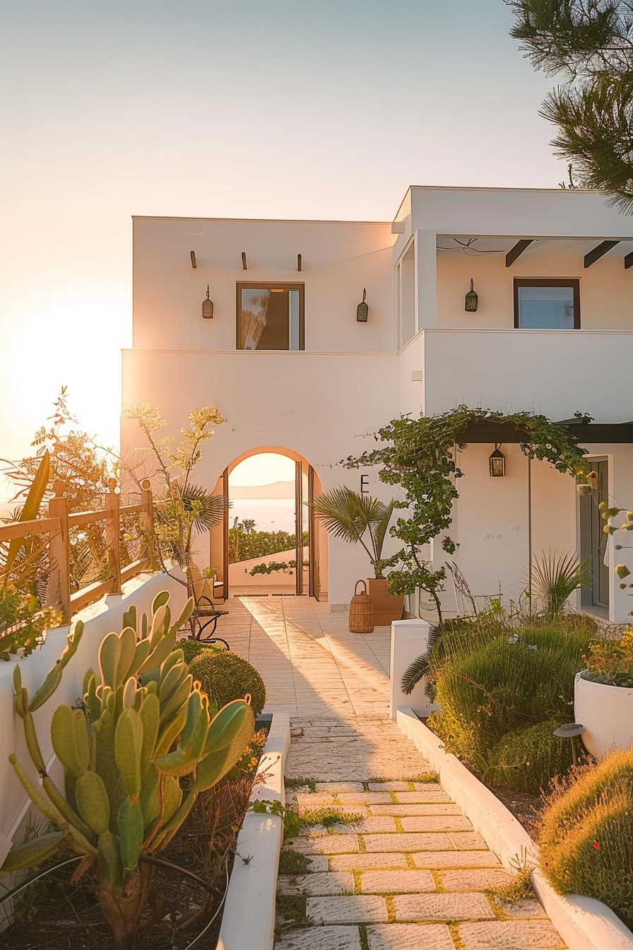 A serene sunset view of a white villa with an arched entrance, surrounded by lush greenery and cacti, with a glimpse of the sea in the distance.