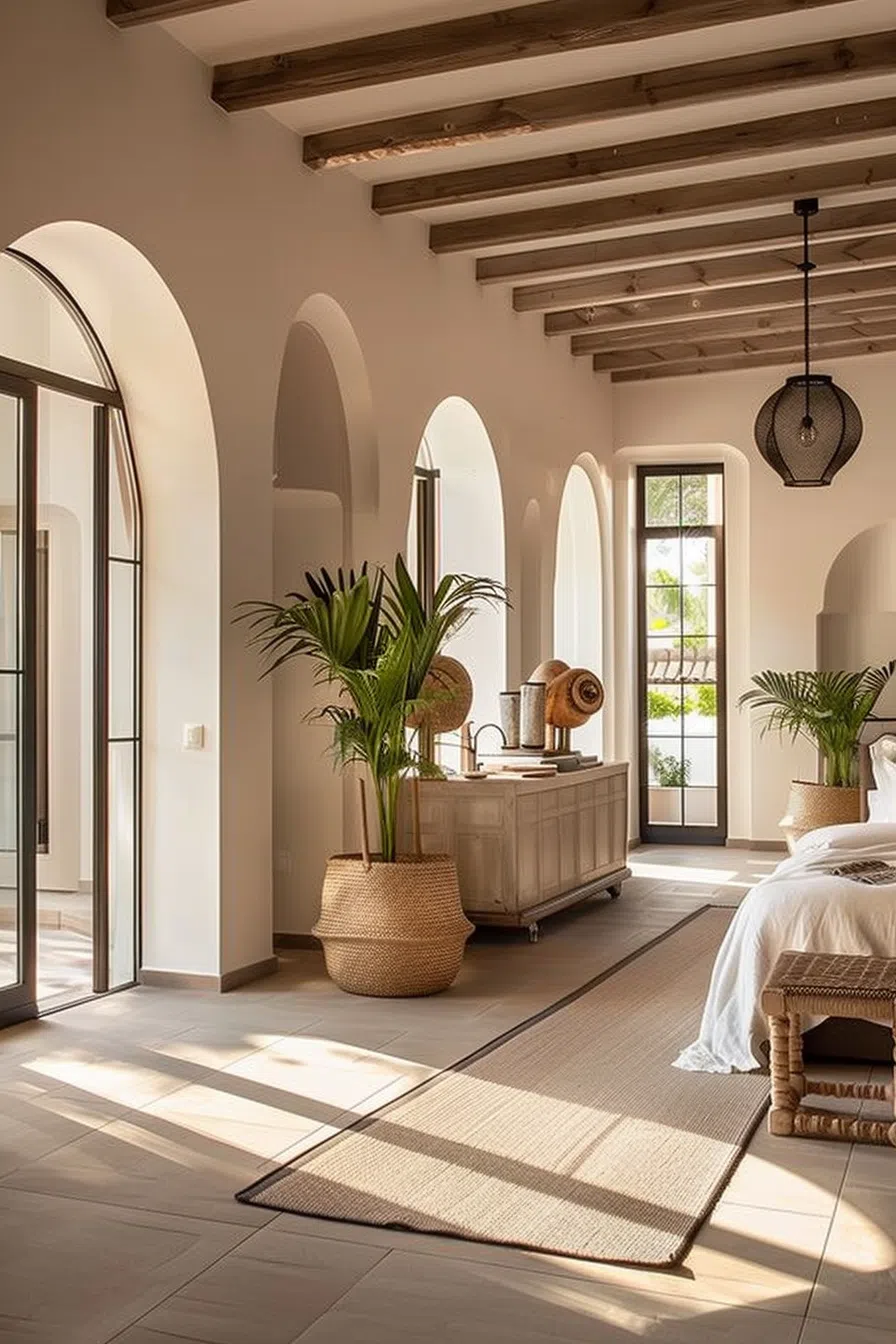 Bright, airy bedroom with arched windows, wooden beams on ceiling, rustic furniture, and potted plants adding a touch of greenery.