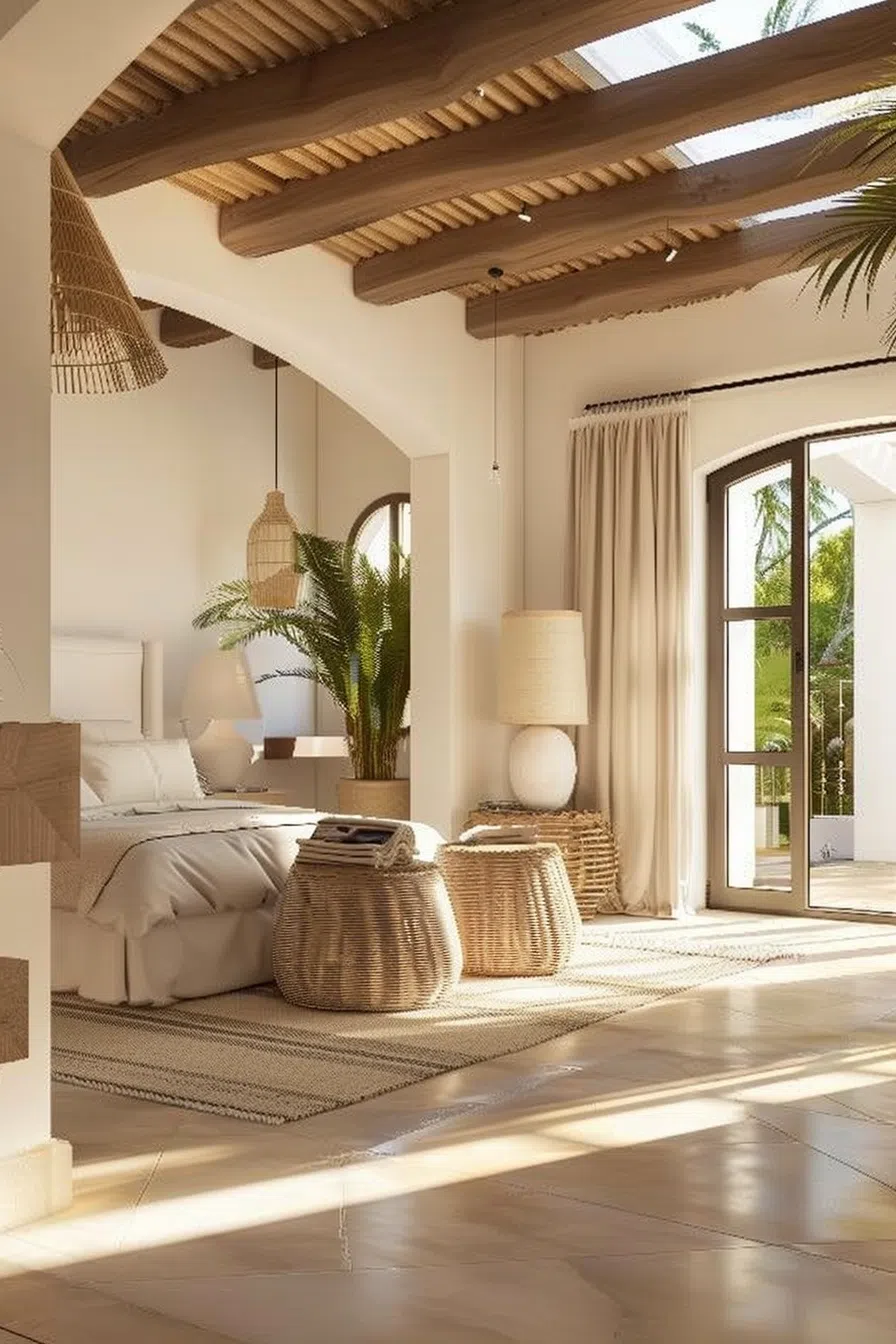 Bright, airy bedroom with neutral tones, wooden beams, woven decor, large window, and sun casting patterns on the floor.