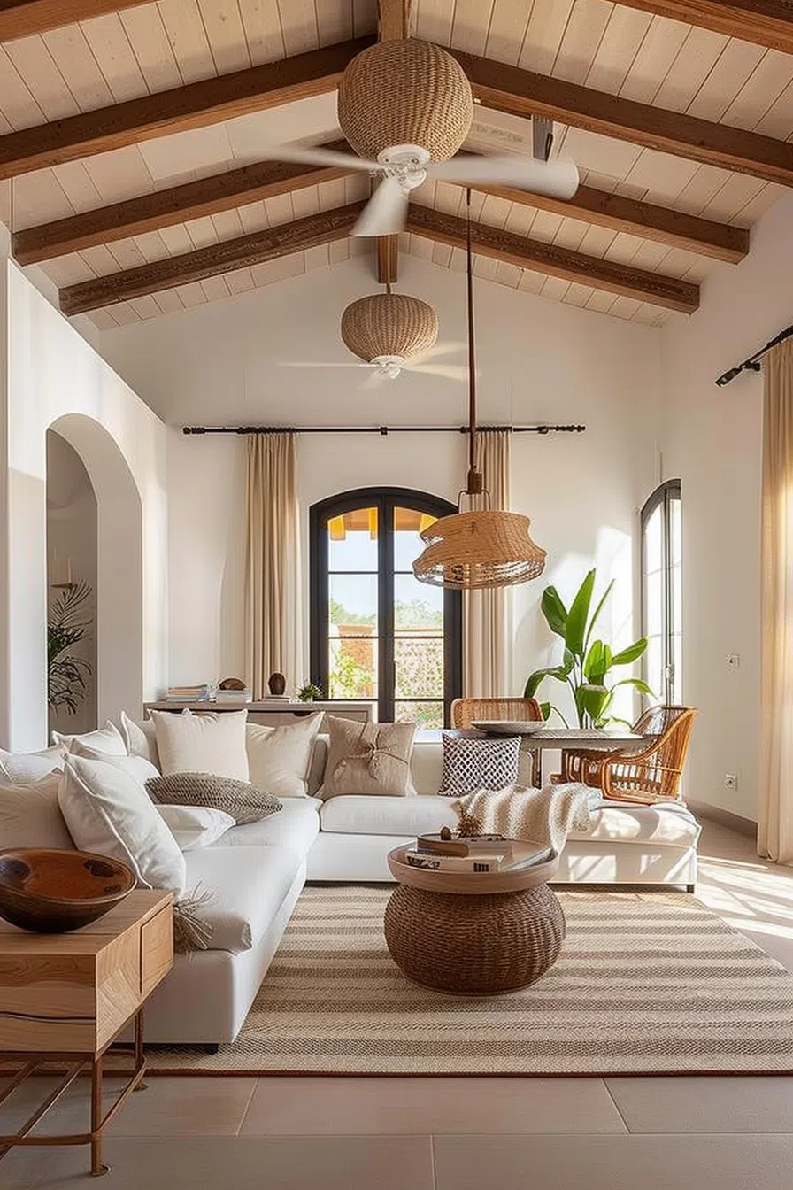 A cozy, well-lit living room with white sofas, woven light fixtures, a ceiling fan, arched doorways, and a view outside the window.
