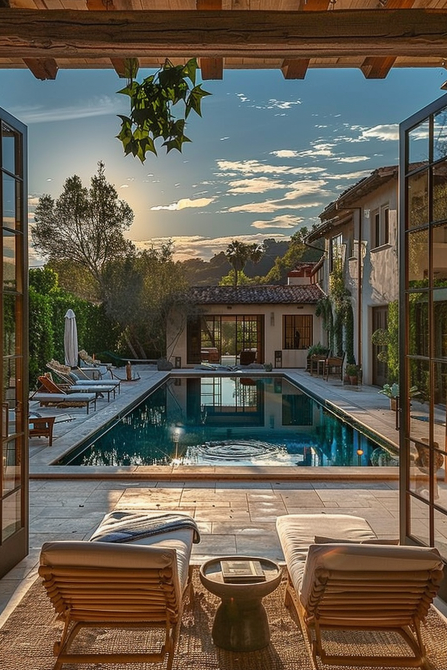 Luxurious backyard with a pristine pool, loungers, and open glass doors leading to a house, under an evening sky.