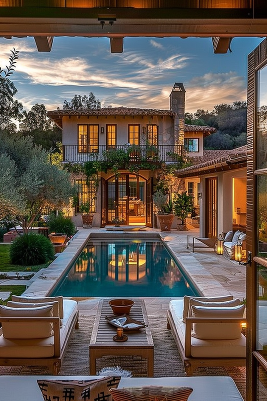 Luxurious two-story villa with illuminated windows at dusk, featuring a serene pool and outdoor lounge area.