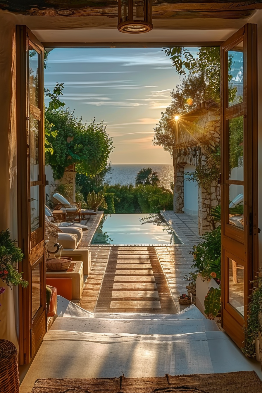 View from an open door leading to a tranquil pool area with sun loungers, overlooking the sea at sunset.