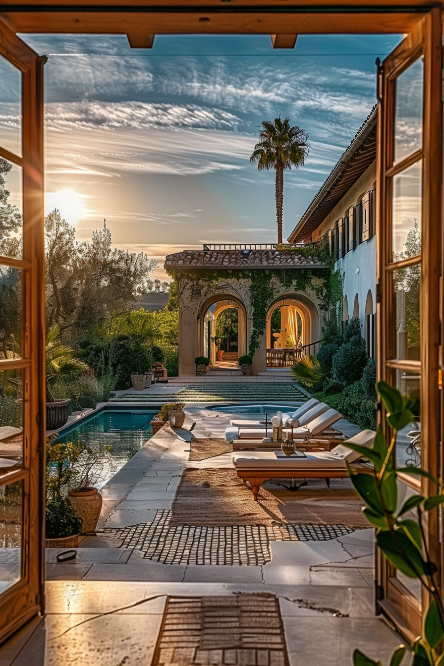 View from an open door onto a luxurious pool area with loungers, surrounded by architecture and palm trees at sunset.