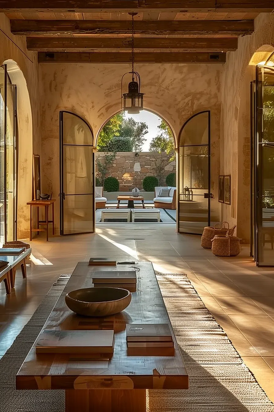 Elegant interior hallway with wooden table and books, leading to an airy outdoor patio with lounge chairs, under warm sunlight.