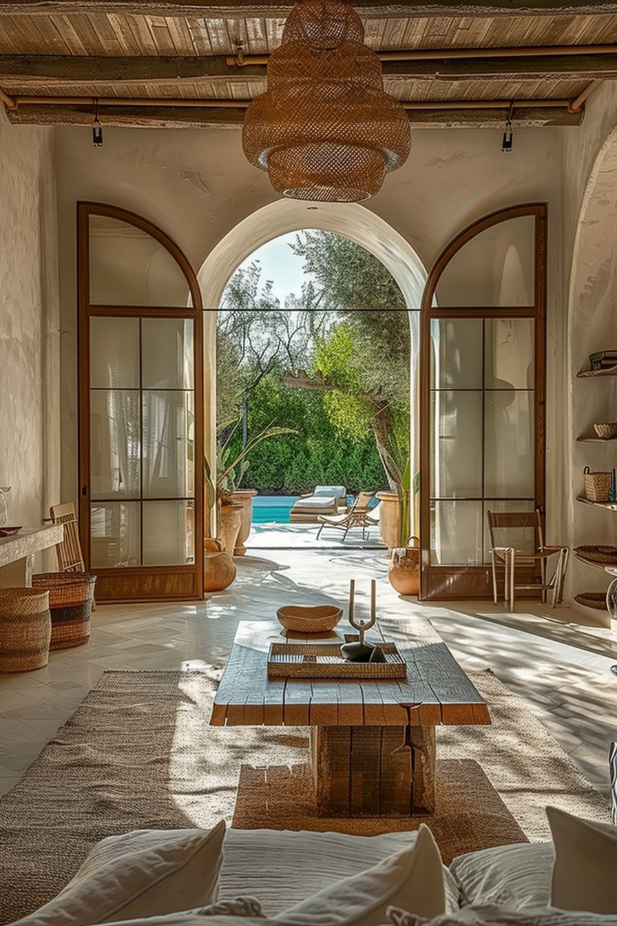 Elegant indoor lounge with arched doorways leading to a sunny poolside, wicker accents, and earth-toned decor.