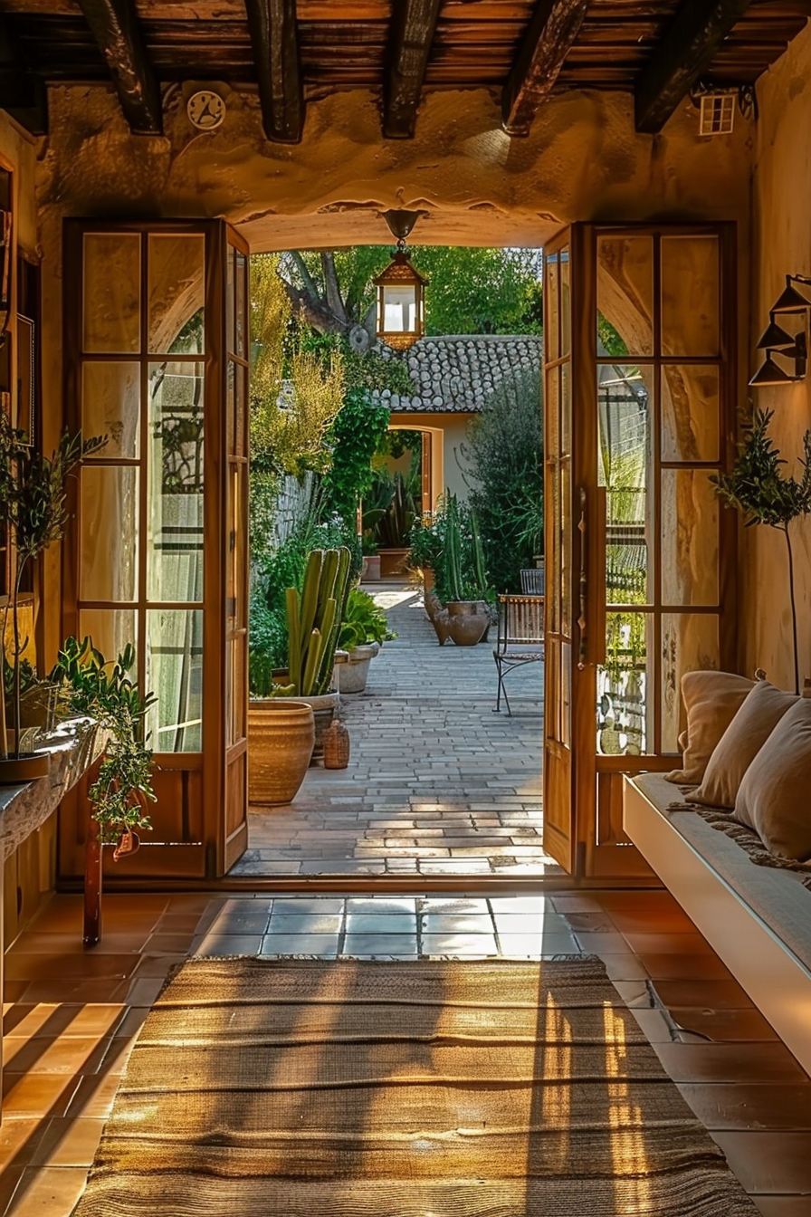 Sunlit rustic entryway opening onto a garden with plants and pottery, shadows cast across the warm tiled floor.