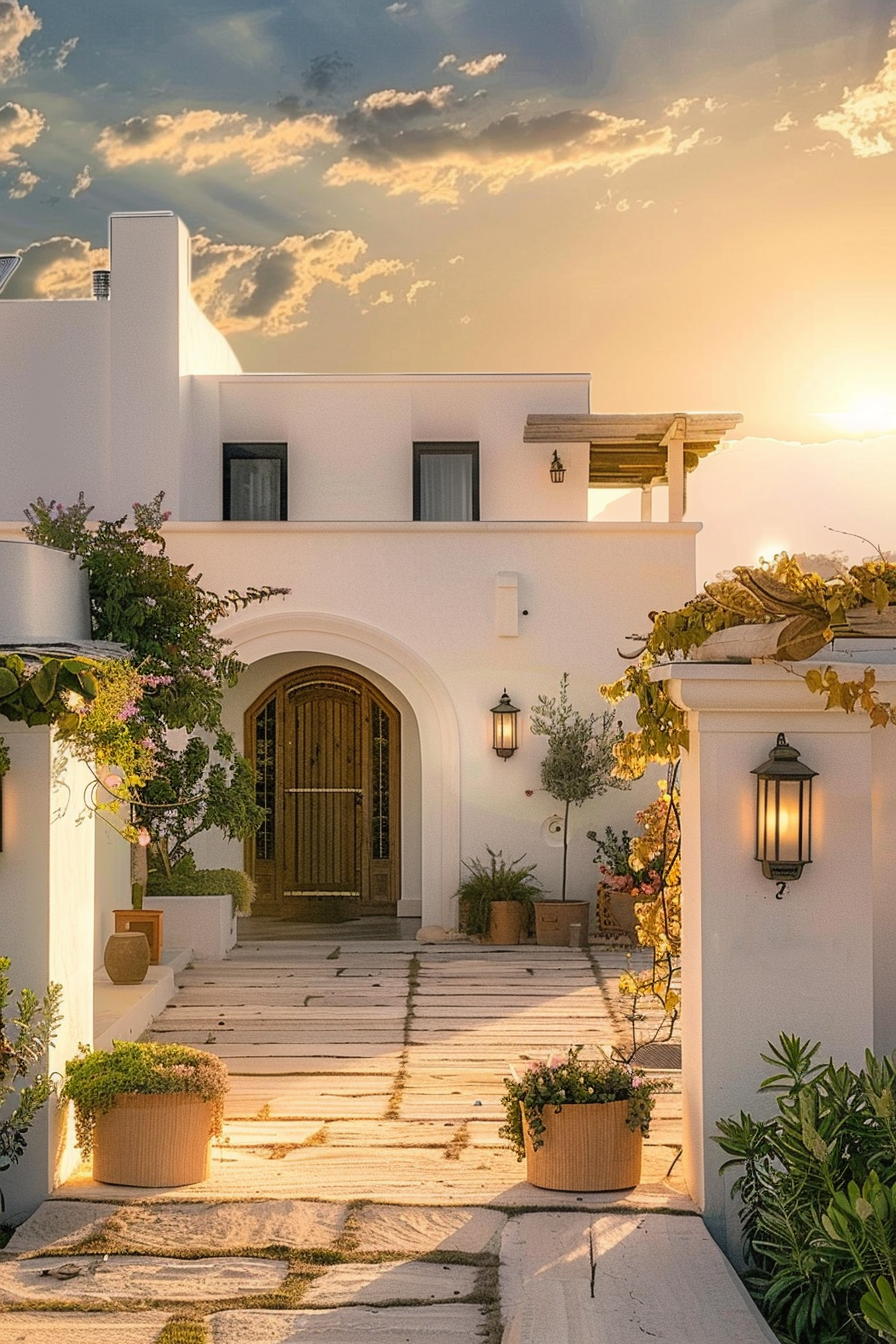 A quaint white Mediterranean-style home with plants and sunset in the background.