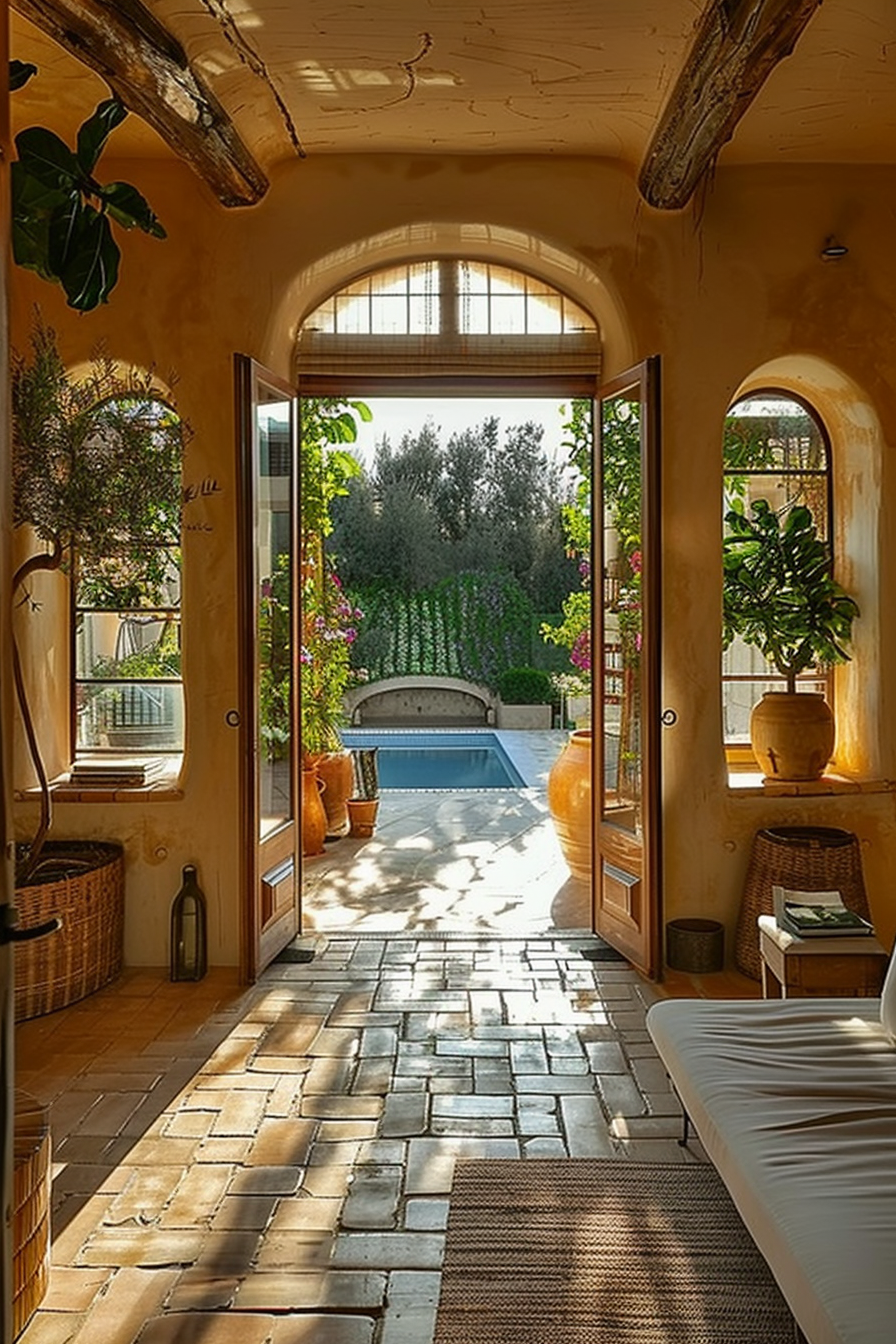 Sunlit room with open double doors leading to a pool, surrounded by greenery and terracotta pots, with rustic charm and warm ambiance.