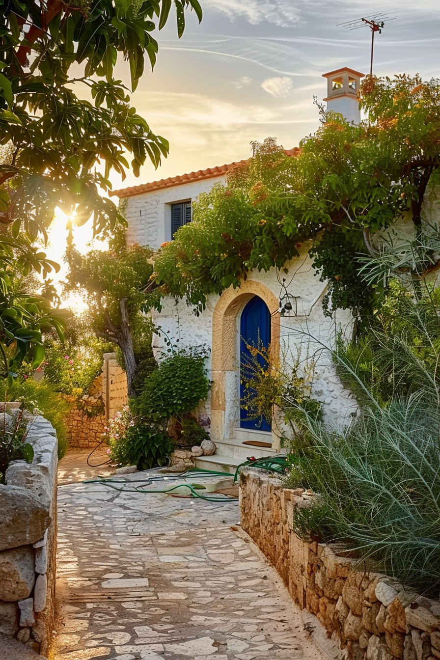 A quaint Mediterranean-style house with a blue door, surrounded by greenery, basked in golden sunlight filtering through the leaves.