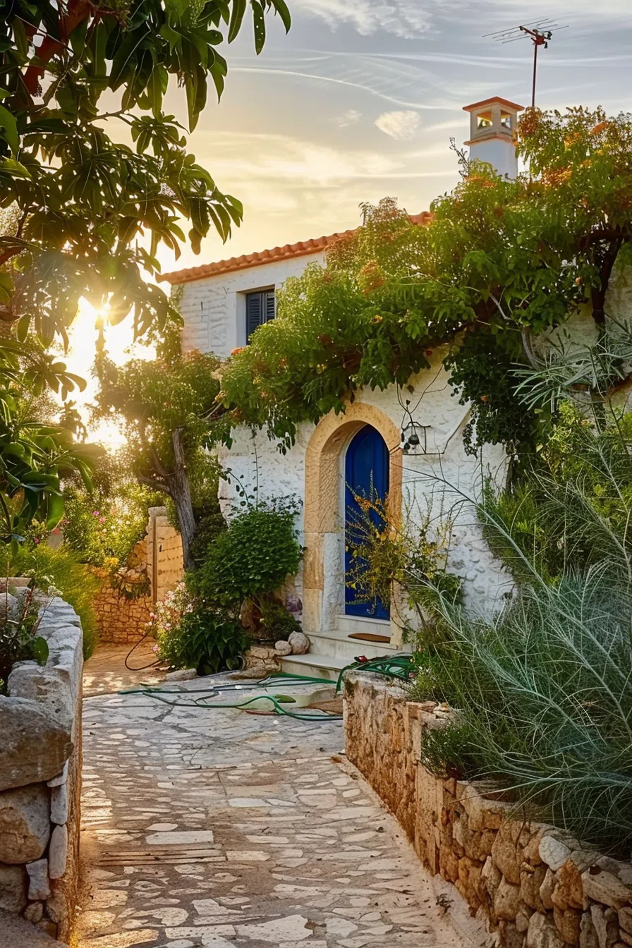 A quaint Mediterranean-style house with a blue door, surrounded by greenery, basked in golden sunlight filtering through the leaves.