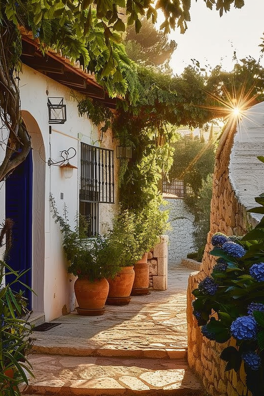 Sunrise casting rays over a quaint cobblestone pathway leading to a white house with a blue door, surrounded by greenery and potted plants.