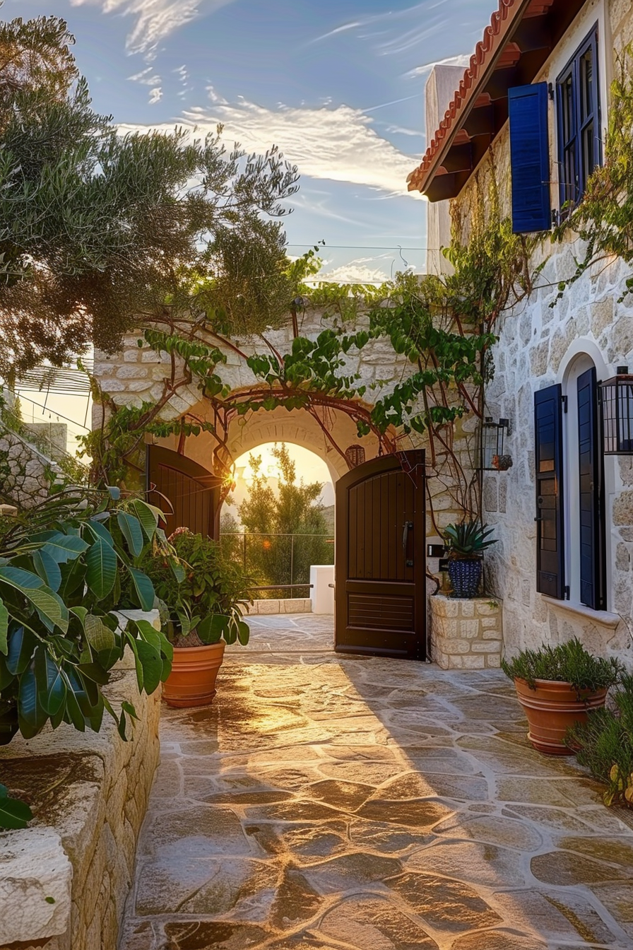 Sunset view of a traditional stone house with blue shutters and a vine-covered archway leading to a serene courtyard.