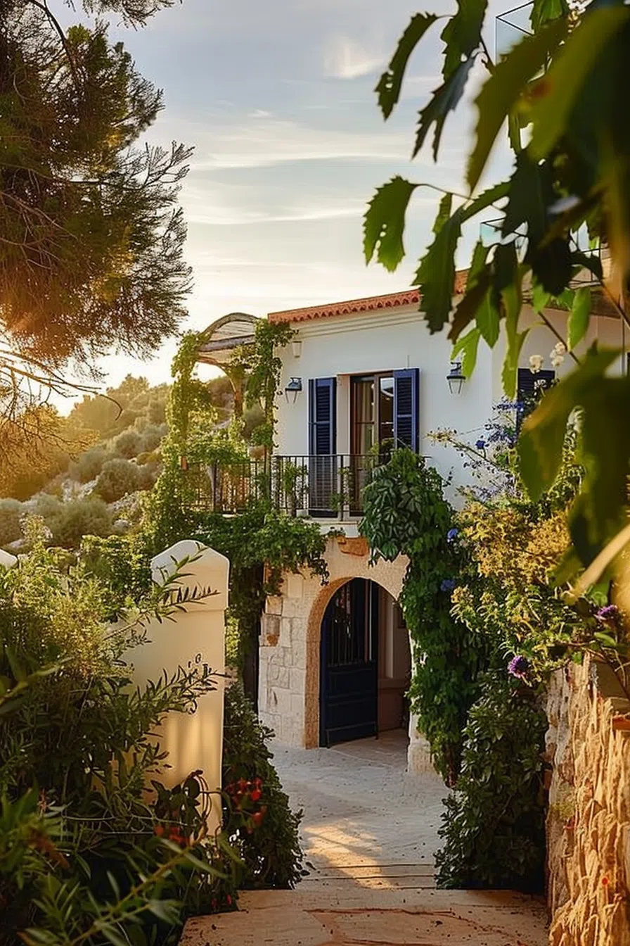 Alt text: A charming white house with blue shutters, adorned with green ivy and surrounded by lush foliage in a serene, sunlit setting.