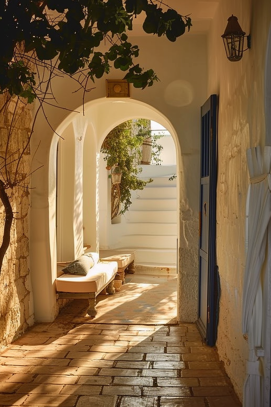 Sunlit Mediterranean alleyway with arches, a bench, hanging lantern, and blue shutters, exuding a warm, tranquil vibe.