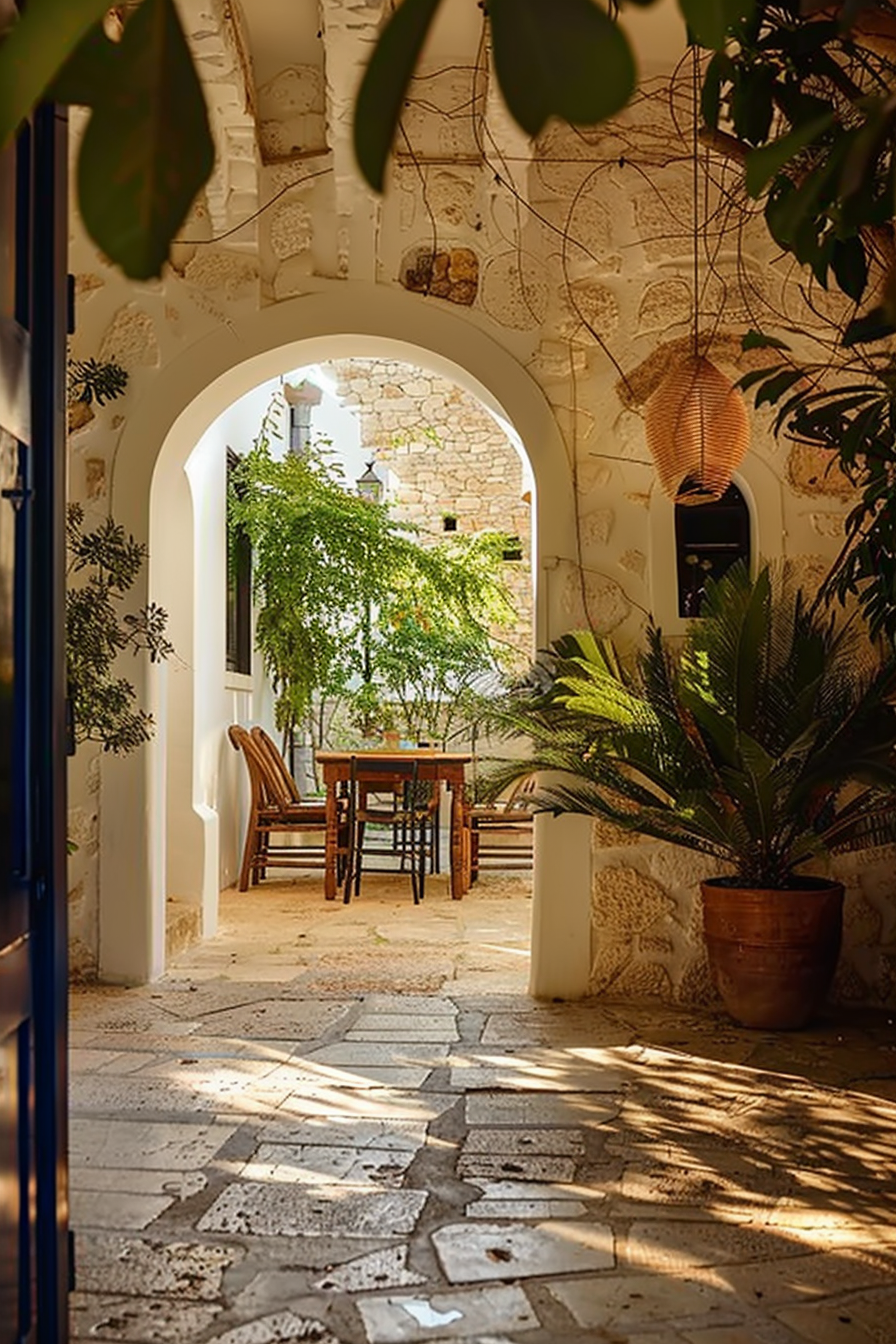 A tranquil courtyard with arches, stone walls, a dining table set, potted plants, and dappled sunlight.