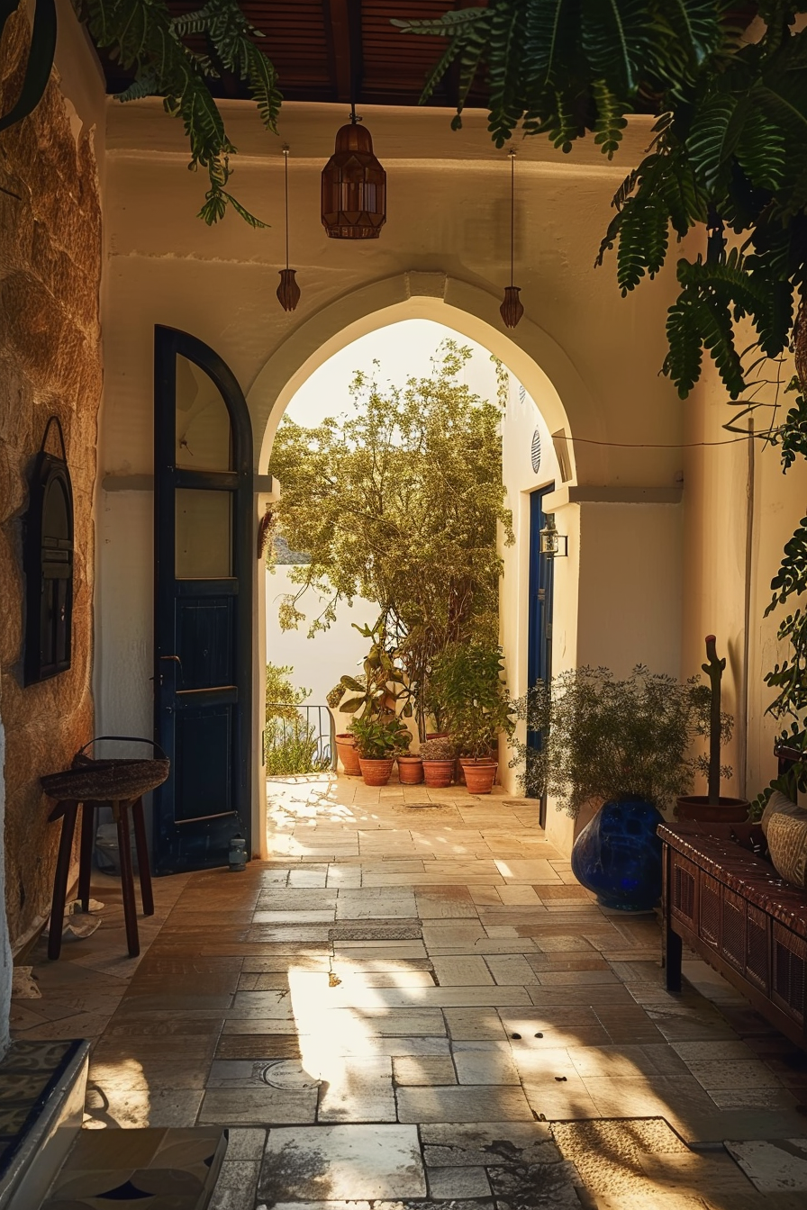 Tranquil Mediterranean-style courtyard with potted plants, an arched doorway leading outside, and warm sunlight casting shadows.