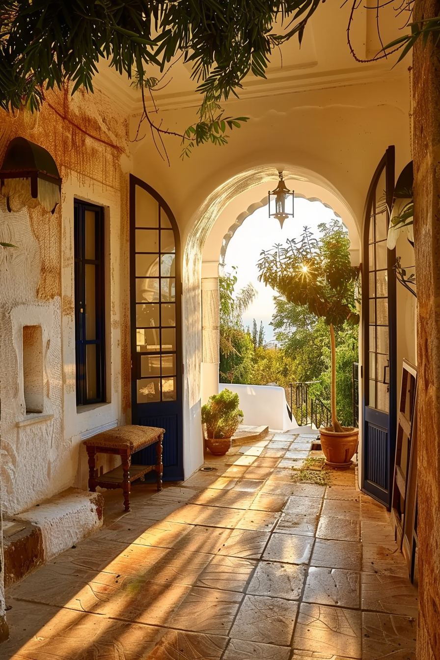 "Sunlight filters through an arched passage in a rustic Mediterranean setting, casting warm shadows on a stone floor flanked by plants and windows."