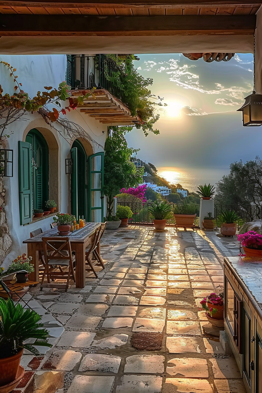 A picturesque terrace with a wooden table, green shuttered doors, and potted plants, basking in the warm glow of a setting sun.