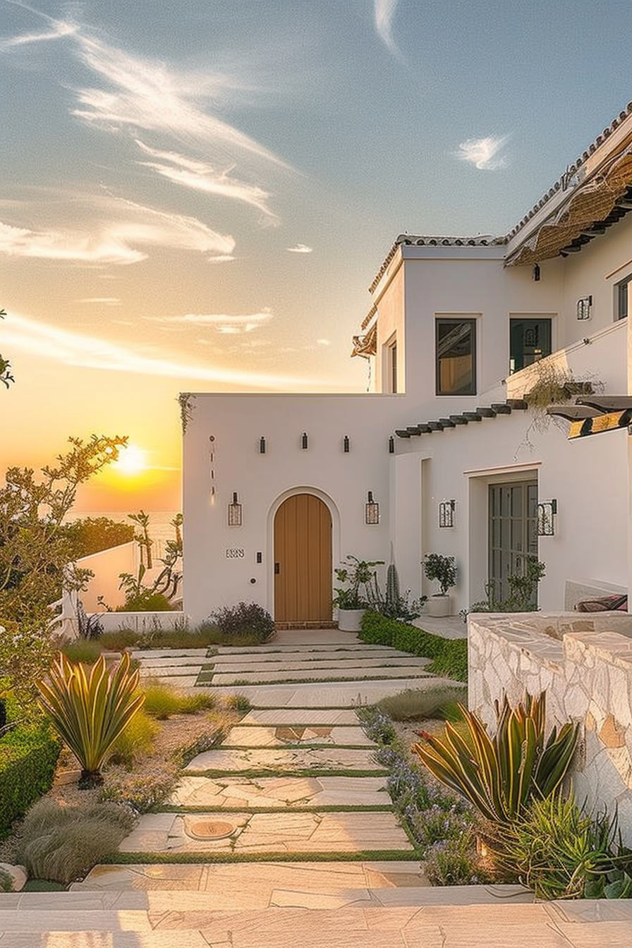 Luxurious white villa with a stone pathway, lush garden, and warm sunset in the background.