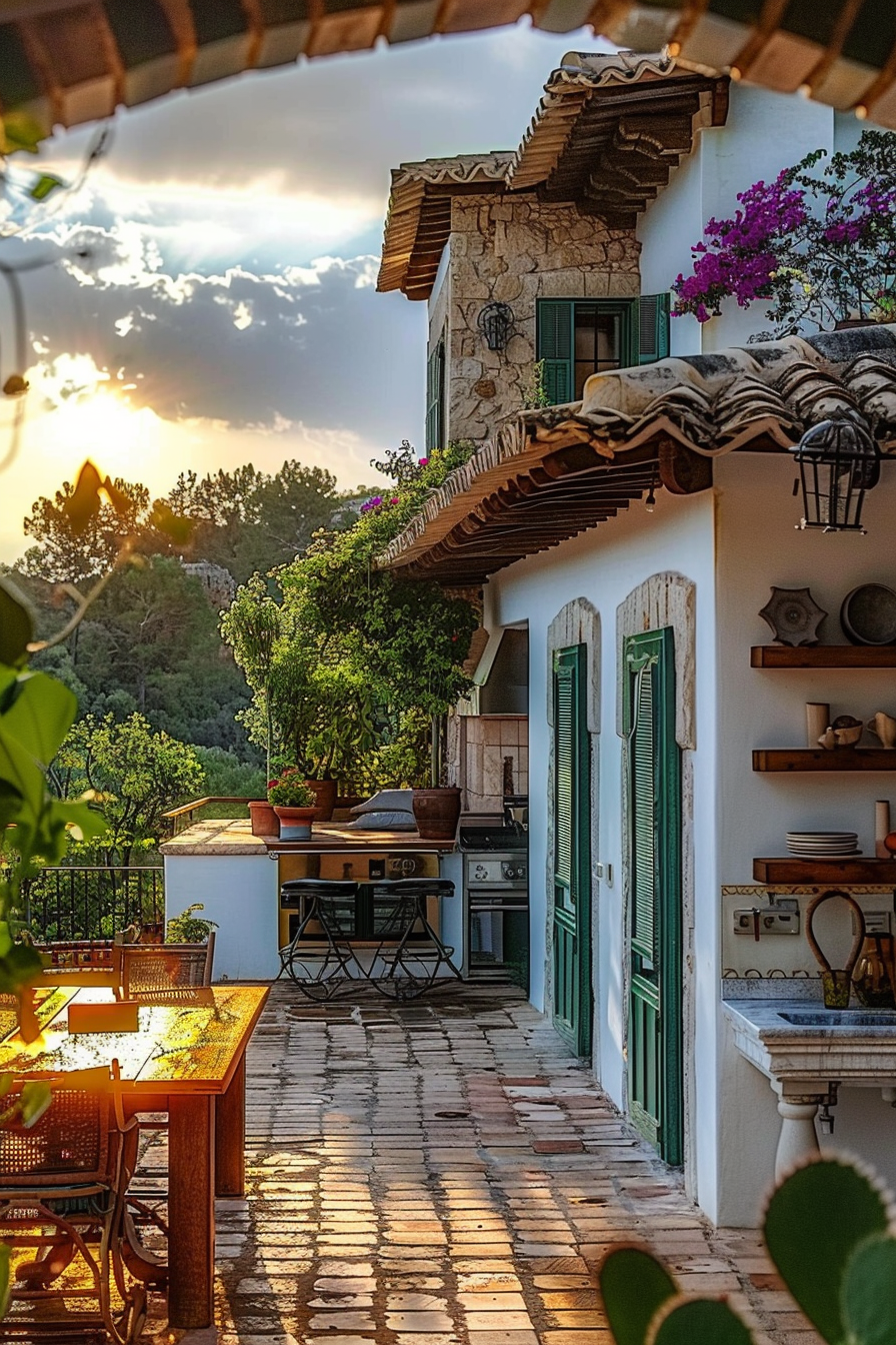 Cozy patio area of a rustic house with outdoor kitchen, dining table, and bougainvillea, bathed in golden sunset light.