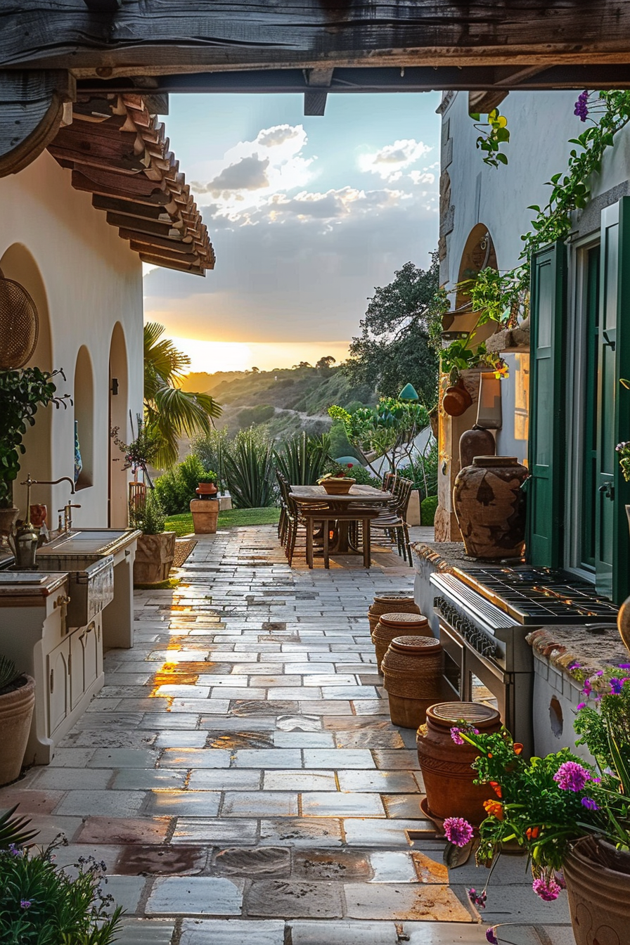 A picturesque patio at sunset with outdoor furniture, potted plants, and a view of the countryside under a warm sky.