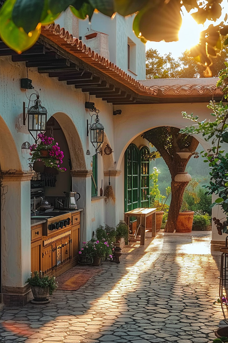ALT text: Sunlight filters through a cozy outdoor kitchen patio with flowering plants, rustic lanterns, and cobblestone paving in a serene setting.