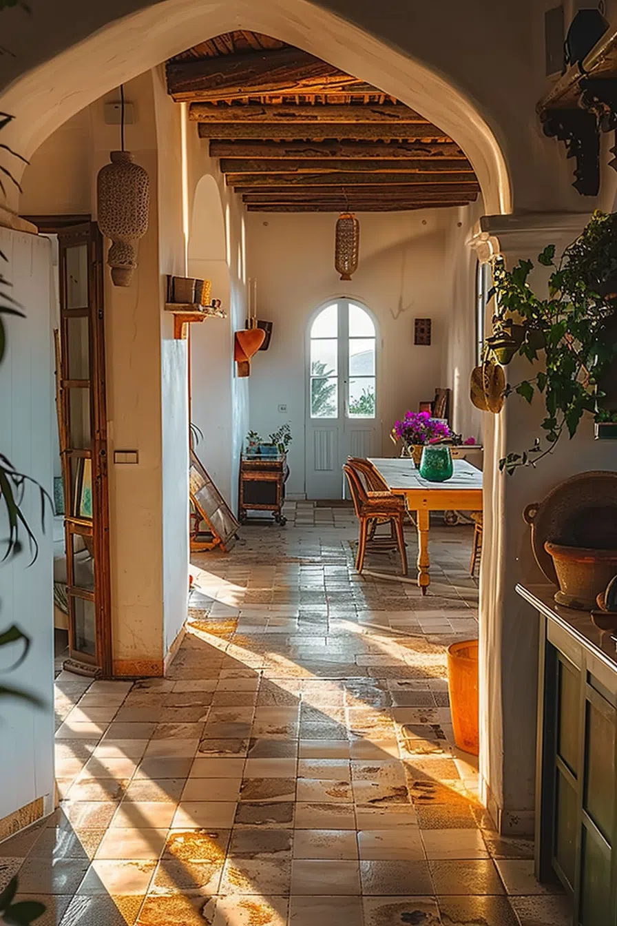 Sunlight streams across a tiled floor in a cozy, archway-framed room with rustic furnishings and hanging wicker lamps.