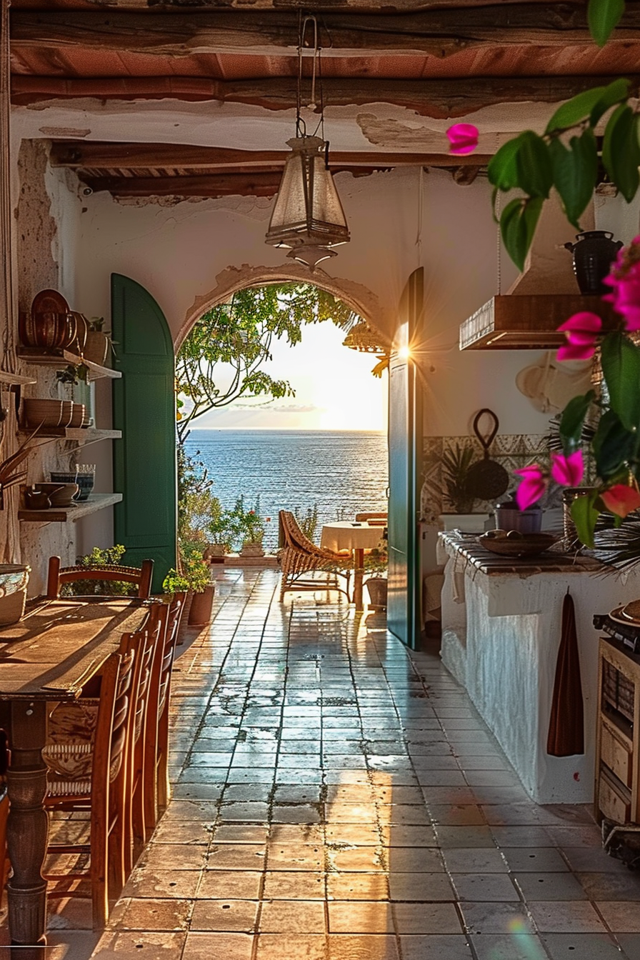 Rustic terrace with tiled floor leading to a seaside view, adorned with plants and a vintage lantern, bathed in warm sunset light.