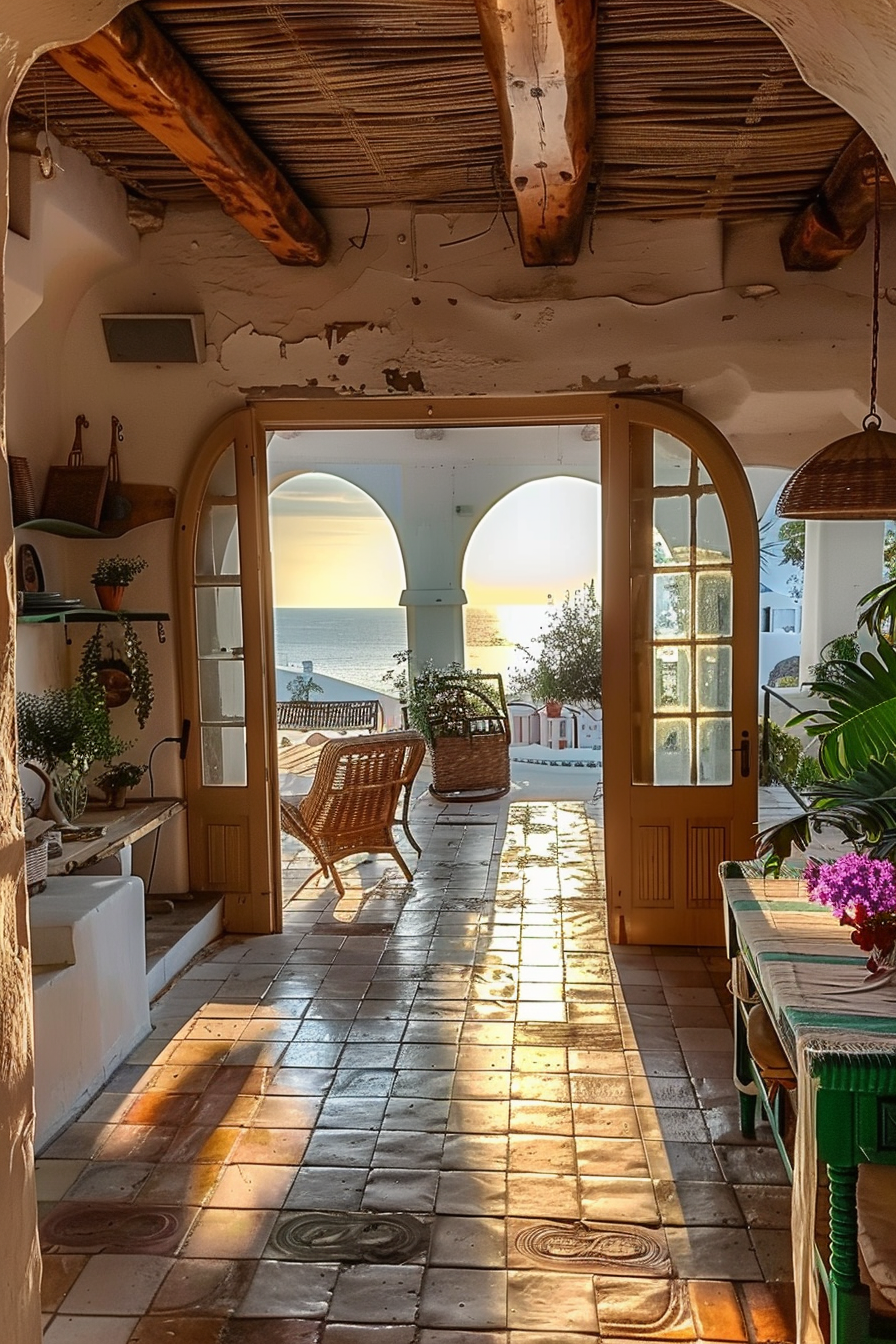 Rustic indoor space with open doors leading to a balcony, sea view at sunset, terracotta tiles, and wicker furniture.